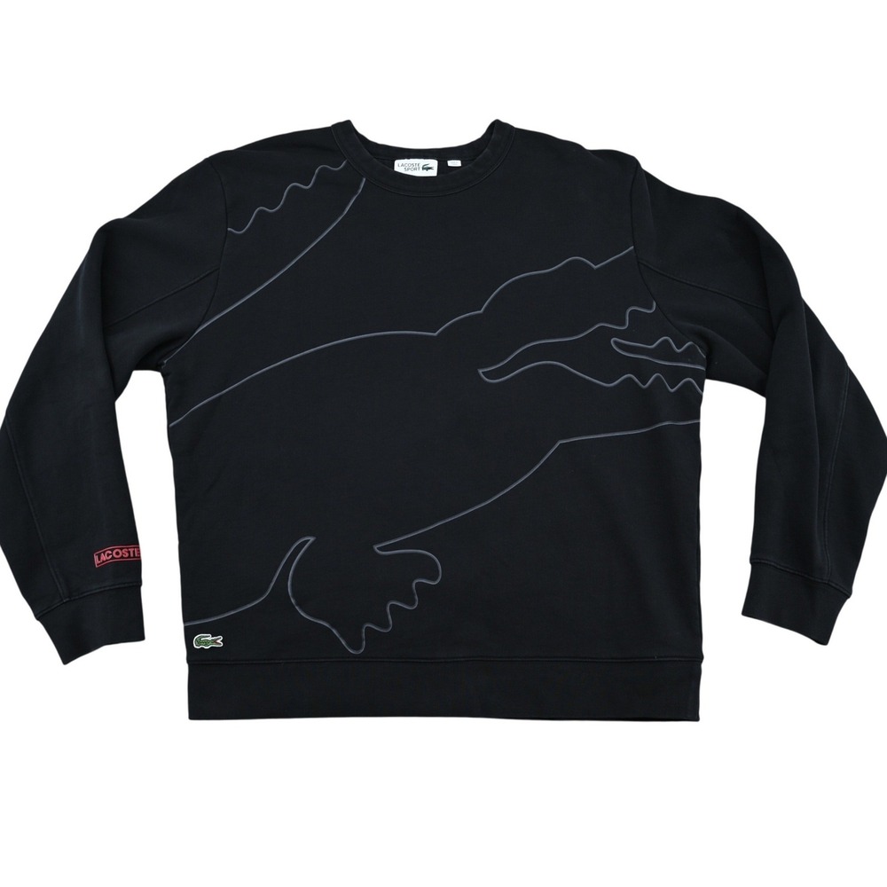 Lacoste Sport Mens XL Black Sweatshirt Crewneck Big Outline Crocodile Pullover